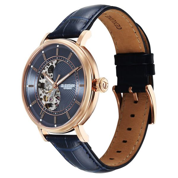 Titan Yin Yang Skeletal Automatic Analog with Rose Gold case, Blue Dial Blue Leather Strap Watch for Men - image number 2