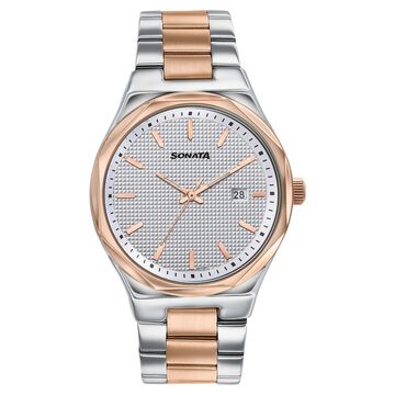 Sonata Jashn Quartz Analog White Dial Two Toned Metal Strap Watch For Men
