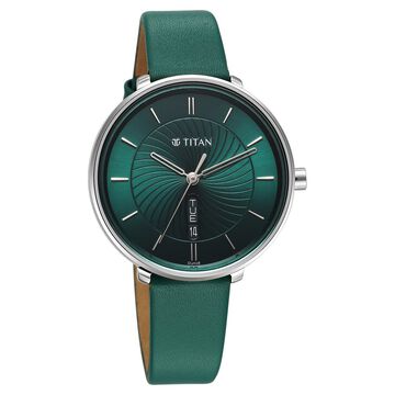 Titan Neo Analog with Day and Date Green Dial Green Color Leather Strap Watch For Women