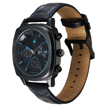 Fastrack Kronos Chronograph Black Dial Black Leather Strap Watch For Guys