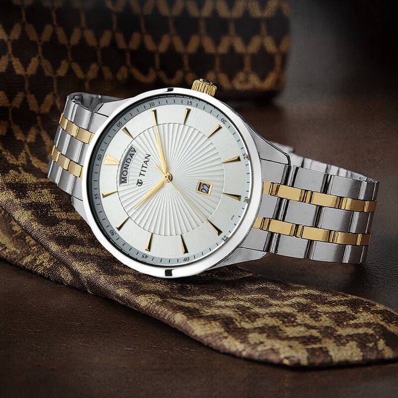 Titan Regalia Opulent White Dial Analog with Day and Date Stainless Steel Strap Watch for Men