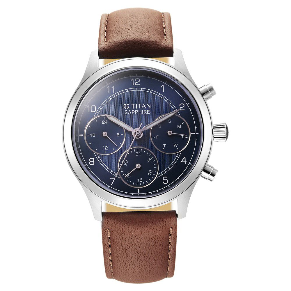 Buy Online Titan Sapphire Quartz Multifunction Blue Dial Leather Strap Watch for Men 1874sl06 Titan