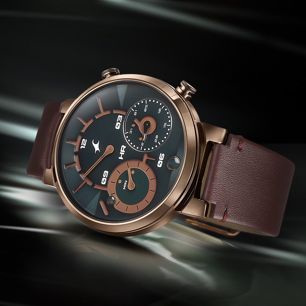 Buy Online Fastrack Gambit Micromotor Green Dial Brown Leather Strap Analog Watch for Guys 3309ql01 Titan