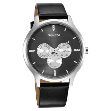 Sonata Force Quartz Multifunction Black Dial Leather Strap Watch for Men