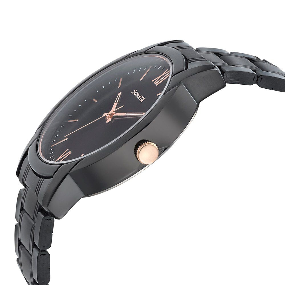 Buy Online Sonata Beyond Gold Quartz Analog Black Dial Metal Strap