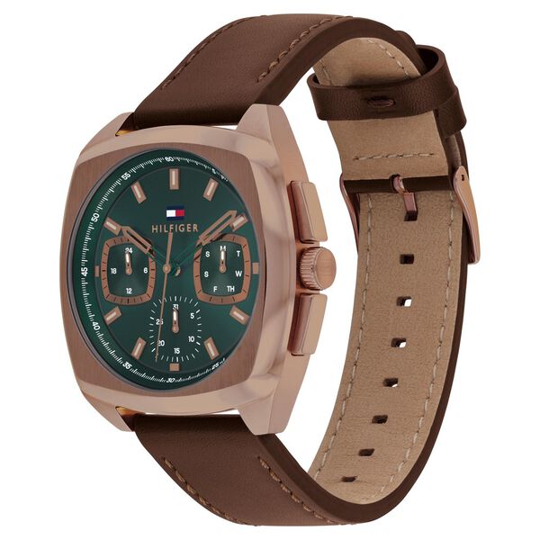 Tommy Hilfiger Quartz Multifunction Green Dial Brown Leather Strap Watch for Men - image number 1