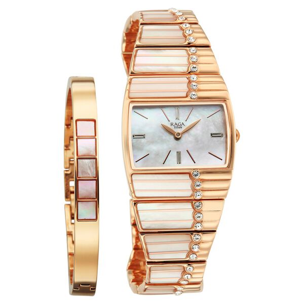 Titan Raga Power Pearls 2.0 Quartz Analog Mother Of Pearl Dial Rose Gold Metal Strap Watch For Women - image number 0