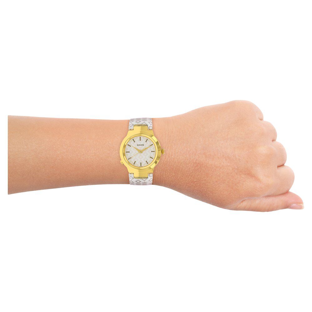 Buy Online Sonata Act Safety Watch White Dial Women Watch With Leather Strap nk90057yl01 Titan