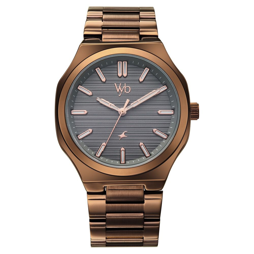 Vyb Horizon By Fastrack Quartz Analog Beige Dial Brown Stainless Steel Strap Watch For Guys-image-5