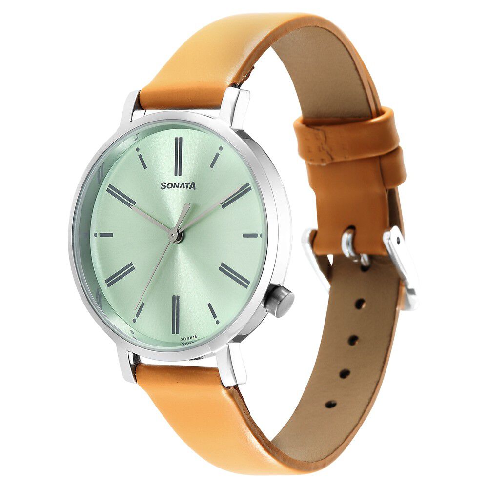 Buy Online Sonata Essentials Green Dial Leather Strap Watch for