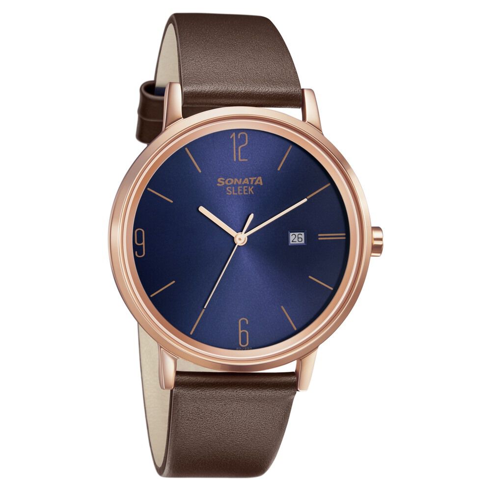 Buy Online Sonata Quartz Analog with Date Blue Dial Leather Strap
