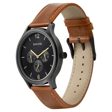 Sonata Quartz Multifunction Grey Dial Leather Strap Watch for Men