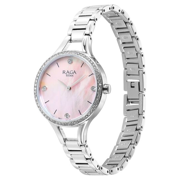 Titan Raga Showstopper Quartz Analog Mother Of Pearl Dial Silver Metal Strap Watch For Women - image number 2