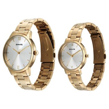 Sonata Perfect Pairs Quartz Analog Silver Dial Golden Metal Strap Watch For Couple