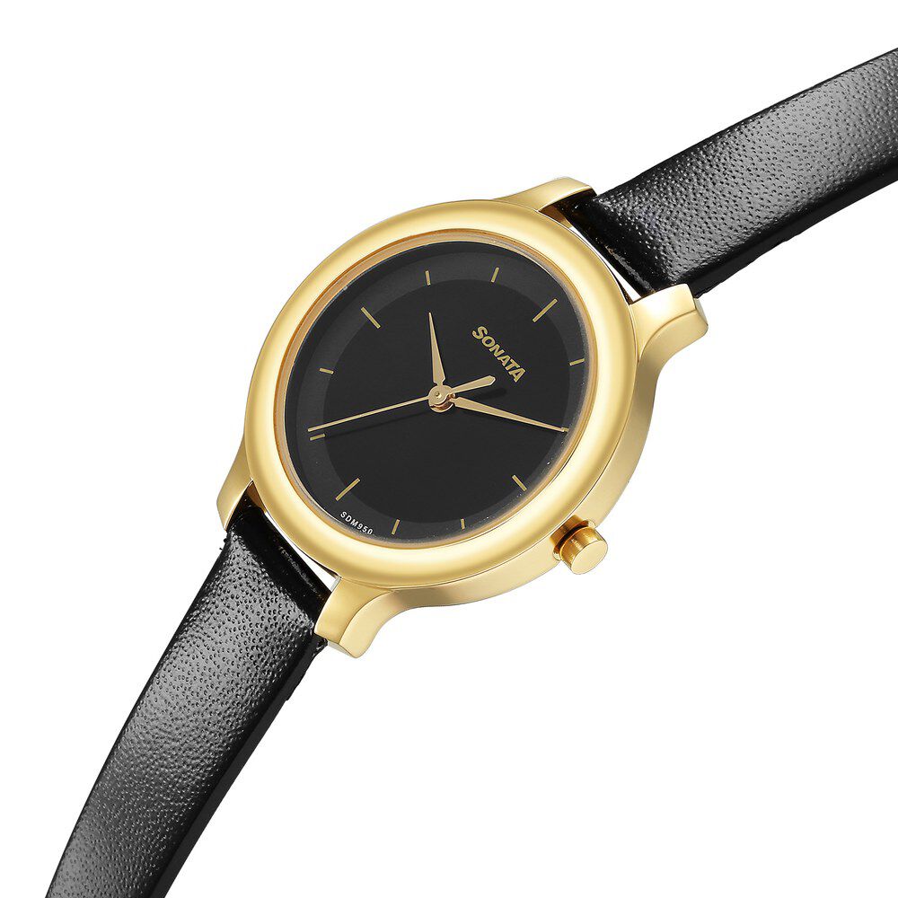 Buy Online Sonata Gold Edit Black Dial Women Watch With Leather