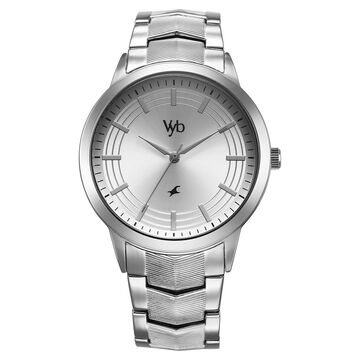Fastrack Vyb Atlas Quartz Analog Silver Dial Silver Metal Strap Watch For Guys