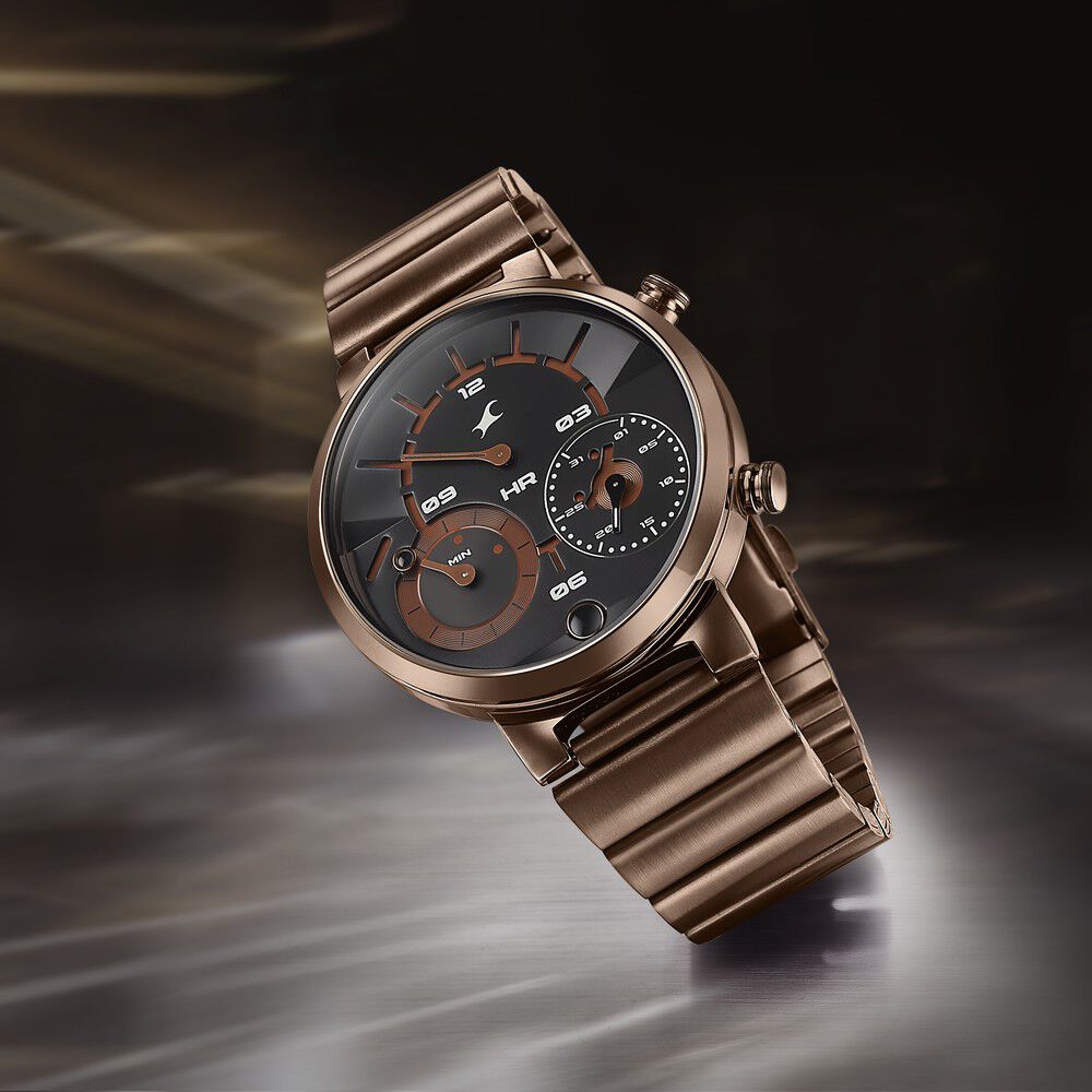Buy Online Fastrack Gambit Micromotor Black Dial Brown Metal Strap Analog Watch for Guys 3309qm02 Titan