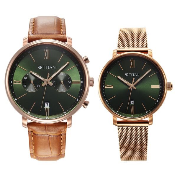 Titan Bandhan Quartz Analog with Date Green Leather and Stainless Steel Strap for Couple - image number 0