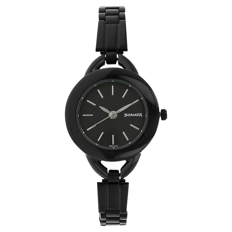 Sonata Quartz Analog Black Dial Stainless Steel Strap Watch for Women
