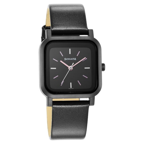 Sonata Pop Black Dial Women Watch With Leather Strap - image number 0