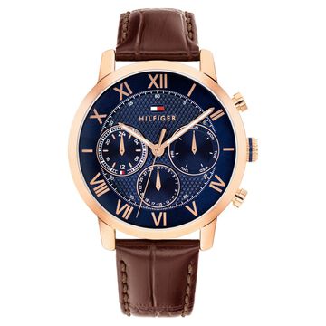 Tommy Hilfiger Quartz Multifunction Blue Dial Brown Leather Strap Watch For Men