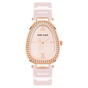 Anne Klein Quartz Analog Pink Dial Pink & Rose Gold Ceramic Strap Elongated Oval Shaped Watch For Women