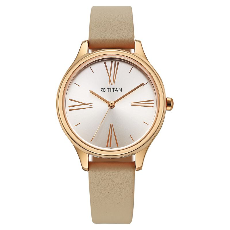 Titan Neo Quartz Analog Silver Dial Beige Leather Strap Watch For Women