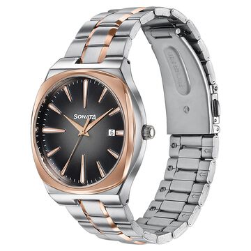 Sonata Festive Quartz Analog Black Dial Two Toned Metal Strap Watch For Men