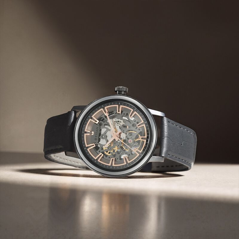 Titan Magnate Automatic Black Dial Black Leather Strap Watch for Men