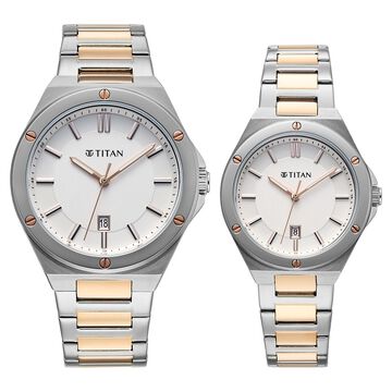 Titan Modern Bandhan Pair Analog with White Dial Dual Tone Rose Gold Stainless Steel Strap Watch for Couples