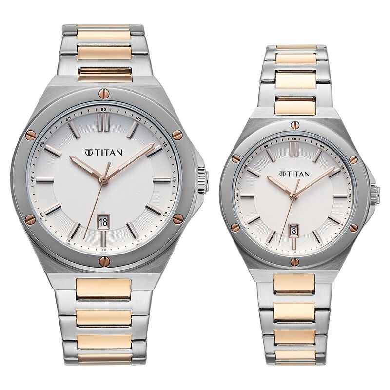Titan Modern Bandhan Pair Analog with White Dial Dual Tone Rose Gold Stainless Steel Strap Watch for Couples