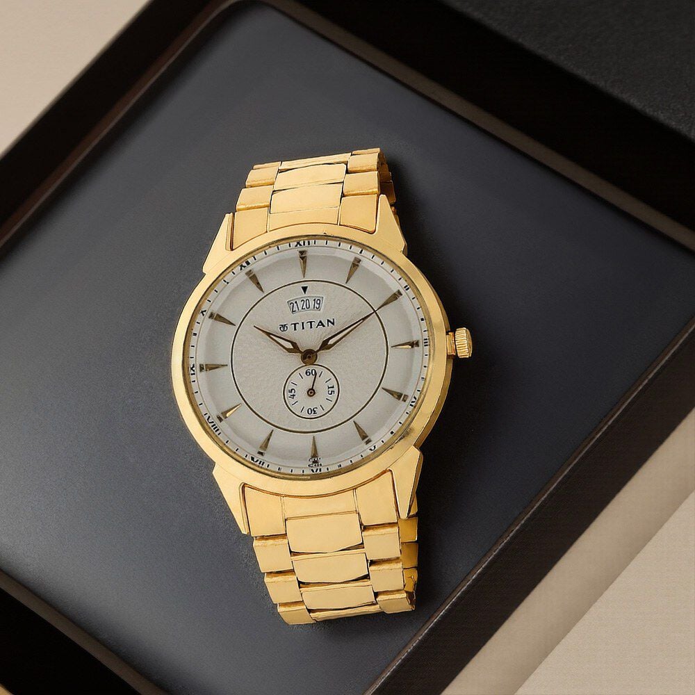 Titan Quartz Analog with Date Silver Round Dial Golden Stainless Steel Strap Watch For Men-image-44