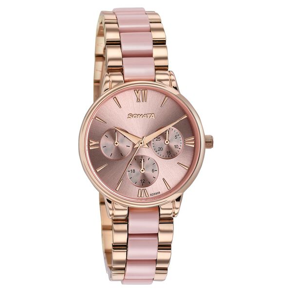 Sonata Festive Quartz Multifunction Pink Dial Two Toned Acetate And Metal Strap Watch For Women - image number 1