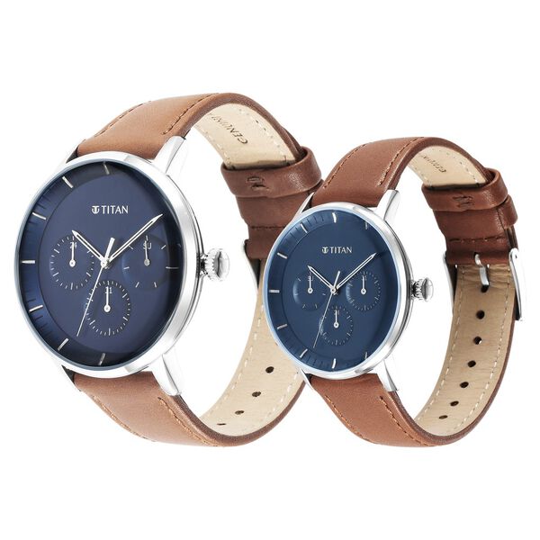 Titan Modern Bandhan Blue Dial Quartz Multifunction Leather Strap watch for Couple - image number 2
