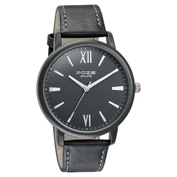 Sonata Poze Quartz Analog Black Dial Leather Strap Watch for Men