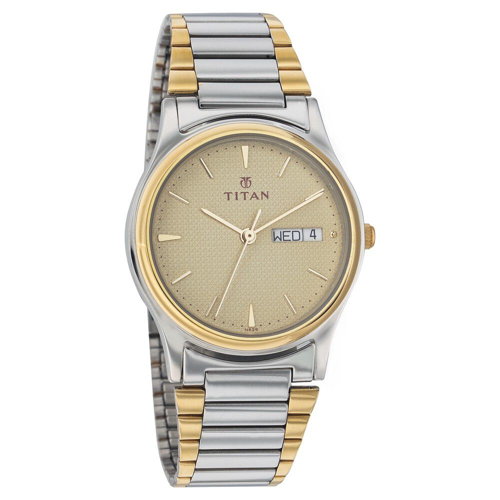 Buy Online Titan Quartz Analog with Day and Date Champagne Dial Metal Strap Watch for Men nb530bm07 Titan