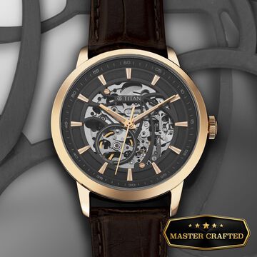 Titan Phoenix Skeletal Automatic Analog with Gun Dial Brown Leather Strap Watch for Men