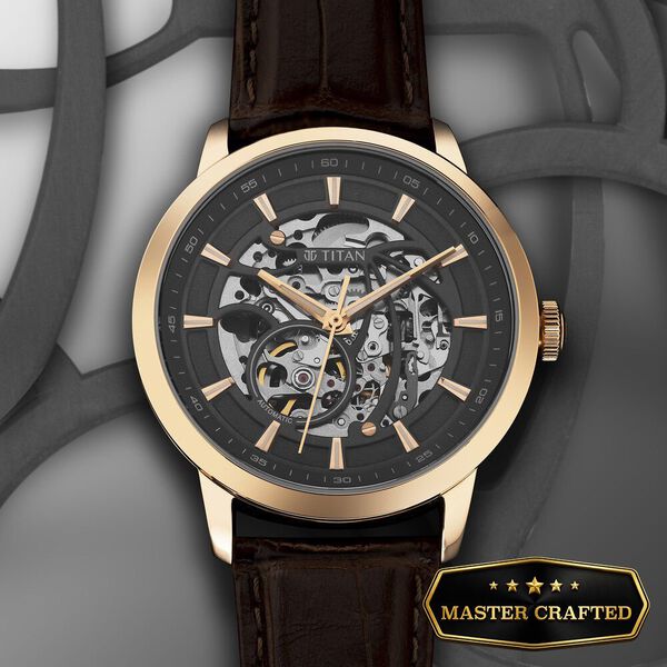 Titan Phoenix Skeletal Automatic Analog with Gun Dial Brown Leather Strap Watch for Men - image number 0