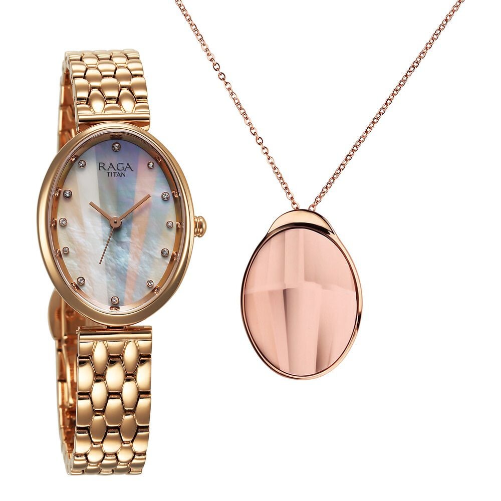 Titan Raga Memoirs Quartz Analog Mother Of Pearl Dial Rose Gold Metal Strap Oval Shaped Watch For Women-image-9