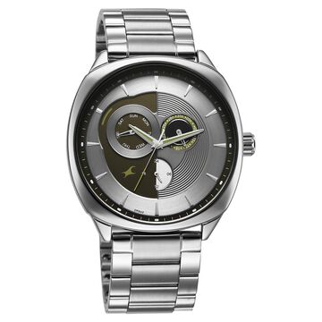 Fastrack Tick Tock Quartz Multifunction Silver Dial Stainless Steel Strap Watch For Guys