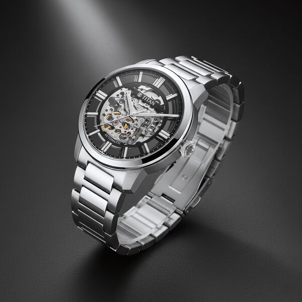 Titan See-Through Skeletal Automatic Analog with Black Dial Silver Stainless Steel Strap Watch for Men - image number 0