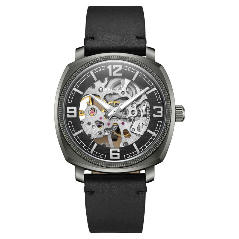 Kenneth Cole Mechanical Hand Wound Analog Mechanical Black Dial Black Leather Strap Watch For Men