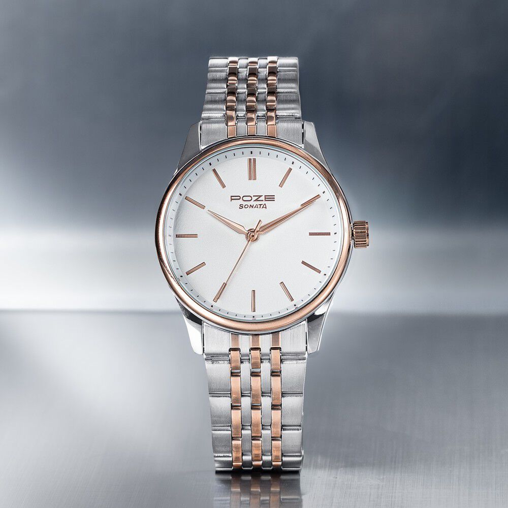Sonata Poze Quartz Analog White Dial Two Toned Colour Stainless Steel Strap Watch For Men-image-7