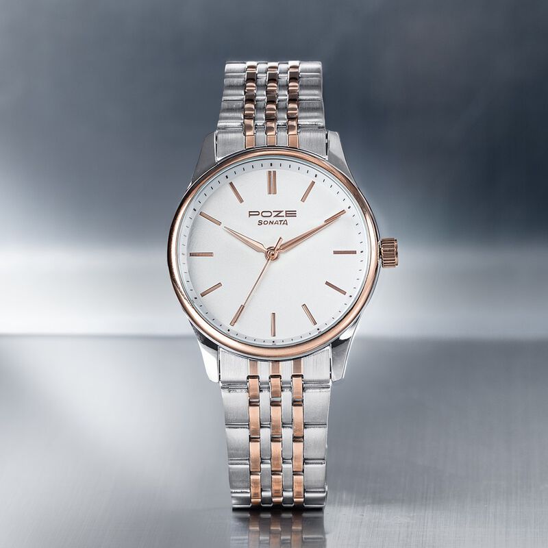 Sonata Poze Quartz Analog White Dial Two Toned Colour Stainless Steel Strap Watch For Men
