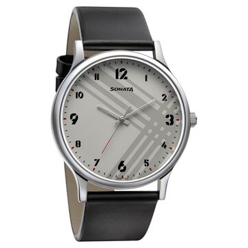 Sonata Smart Plaid Quartz Analog White Dial Leather Strap Watch for Men