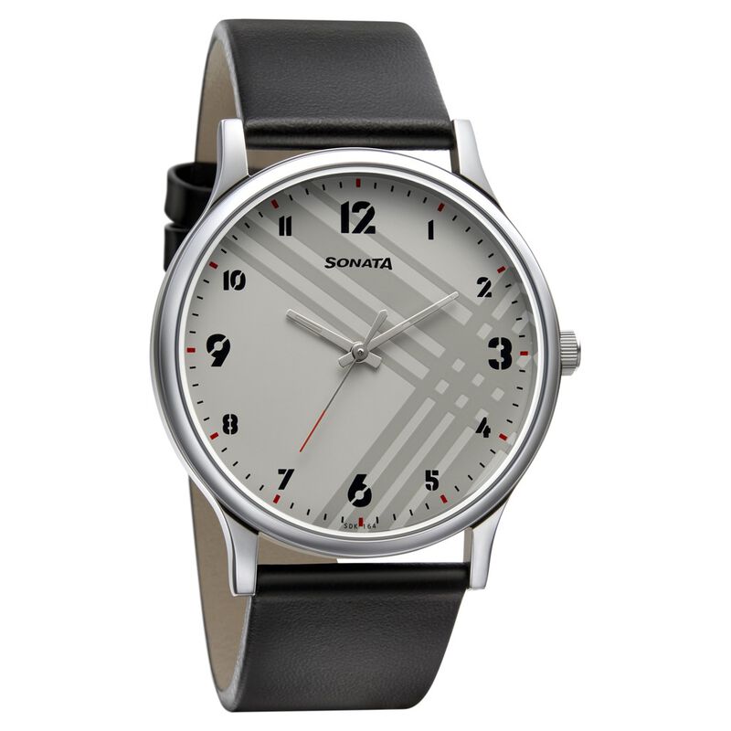 Sonata Smart Plaid Quartz Analog White Dial Leather Strap Watch for Men