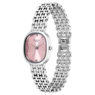 Titan Raga Spotlight Quartz Analog Pink Dial Silver Metal Strap Watch For Women