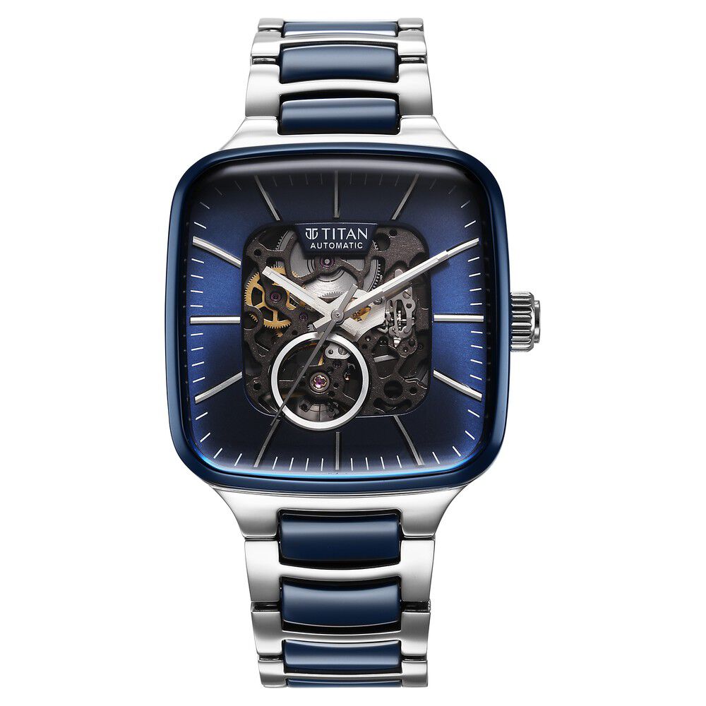 Buy Online Titan Ceramic Fusion Automatic Square Blue Dial Silver Dual Toned Stainless Steel Bracelet Watch for Men 90175kd02 Titan