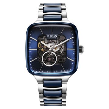 Titan Ceramic Fusion Automatic Square Blue Dial Silver Dual-Toned Stainless Steel Bracelet Watch for Men