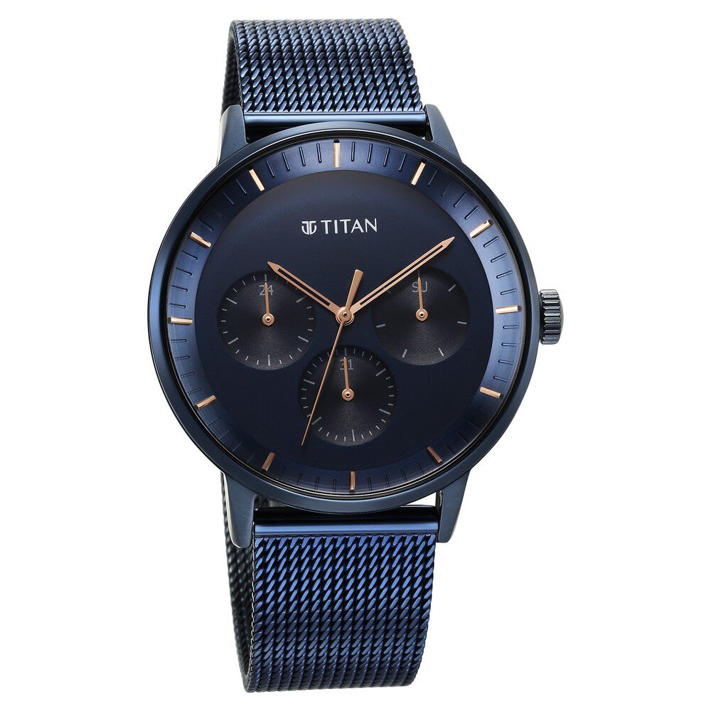 Buy Online Titan Modern Classics Blue Dial Quartz Multifunction Stainless Steel Strap watch for Men ns94006qm04 Titan